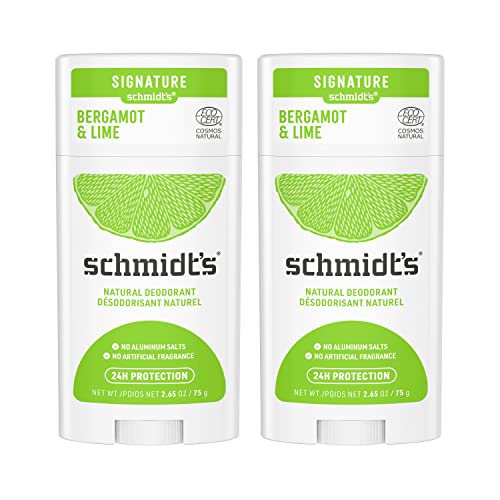 Unilever Schmidt's Aluminum Free Natural Deodorant Bergamot & Lime 2 count For Women and Men, with 24 Hour Odor Protection, Certified Cruelty Free, Vegan Deodorant, 2.65 oz