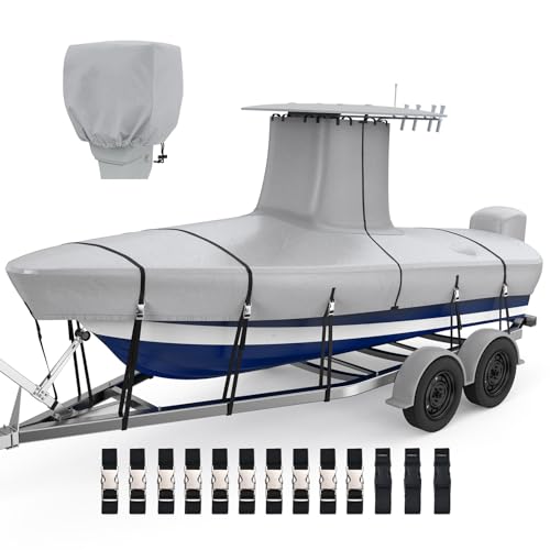 RVMasking 1200D Reinforced T-Top Boat Cover with Motor Cover, Heavy Duty Waterproof Tear-Resistant Boat Cover for Center Console Boat with T TOP Roof, 22'-24' Long Beam Width up to 116', Gray