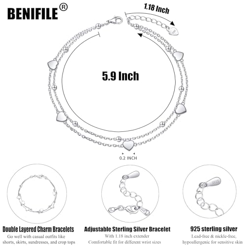 BENIFILE Silver Heart Bracelet Sterling Silver Bracelet for Women Girls Layered Charm Bracelets for Women Ladies Silver Bracelets Friendship Bracelets for Girls Women's Jewellery - Image 7