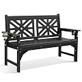 nalone Outdoor Bench with Cup Holders, HDPE Porch Bench Fade Proof (Black)