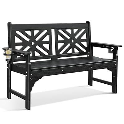 nalone Outdoor Bench with Cup Holders, HDPE Porch Bench Fade Proof (Black)