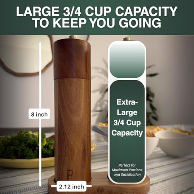 Wooden Salt and Pepper Grinder Set: 8 Inch Refillable Acacia Salt & Pepper Mills with Adjustable Ceramic Grinder, Manual Spice Grinder for Customized Coarseness, Gift for Father's Day