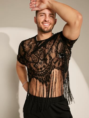 WDIRARA Men's Floral Lace Mesh Fringe Hem Shirts Scoop Neck Short Sleeve Asymmetrical Design Shirt See Through Party Outfits3