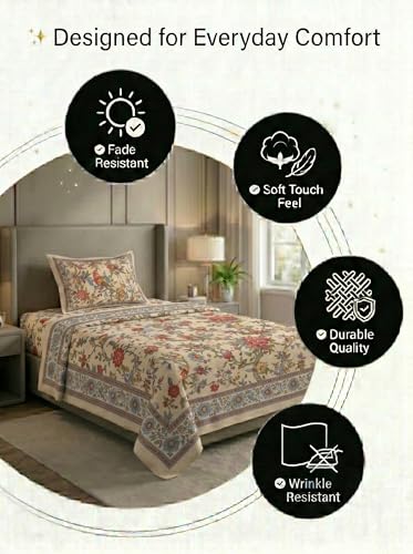 Image of Mafatlal 144 TC Heritage Single Size Bedsheet | (90x60 inches) 100% Cotton Flatsheet Twin Size with Pillow Cover| Super Soft Bed Sheet | Floral Design | Beige