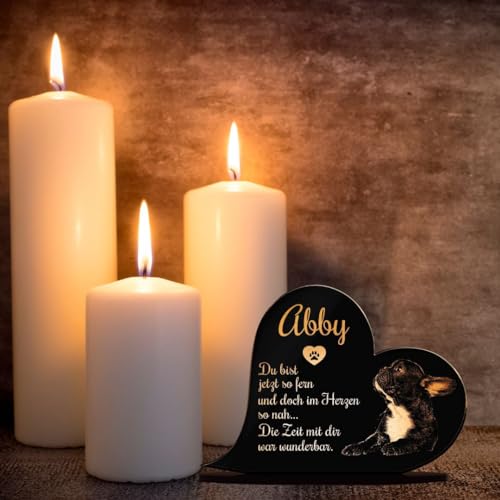 Gedenkstandbild Gedenktafel mit Gravur Fotogravur Grabstein Tiere | Herz liegend in 2 Größen Grabschmuck graviert für Haustiere wie Hund Katze & Co. Grabplatte | Im Kerzenschein schön leuchtend