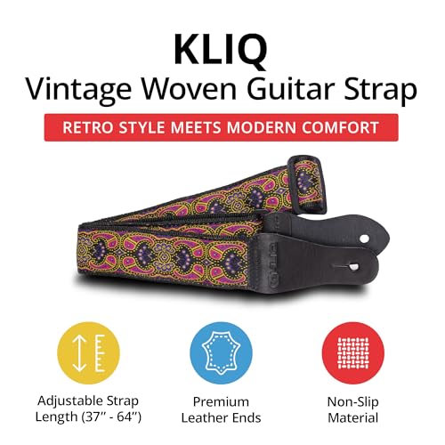 KLIQ Vintage Woven Guitar Strap for Acoustic and Electric Guitar | '60s Jacquard Hootenanny Style | 2 Rubber Strap Locks Included (Paisley-Pink/Purple), Paisley-pink/purple, Regular - Thumbnail 2