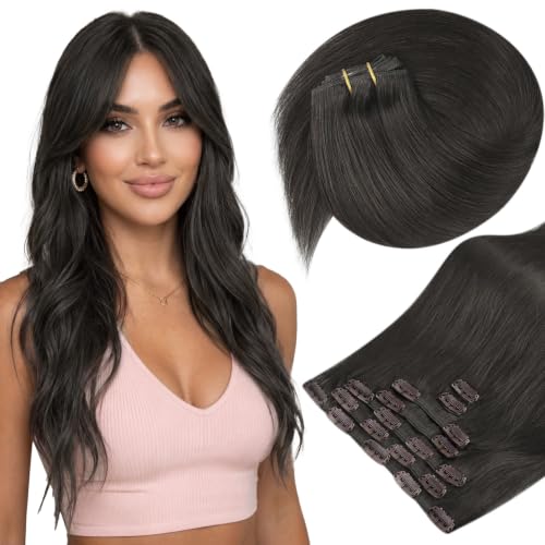 Image of Sunny Hair Clip in Hair Extensions Real Human Hair Mocha Black Brown 120g | Remy Hair Extensions Clip ins for Women Add Natural Volume for Fine Hair, for Daily Wear and Special Occasions 22 Inch