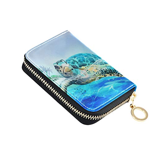 MOYYO RFID Credit Card Holder Case Watercolor Drawing Sea Turtle Leather Printed Zipper Card Case Wallet for Women Girls