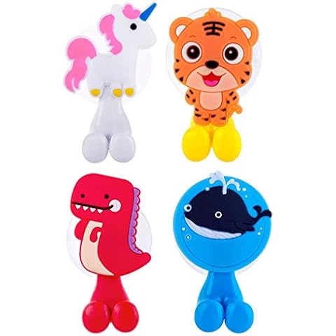 Farber Baby Toothbrush Holder, Kids Toothbrush Holder Set with Suction Cup Hook Wall Mounted Organizer | Toddler Kids Bathroom Accessories and Decor | Unicorn/Cheetah/Dino/Whale – 4 Pack Cover