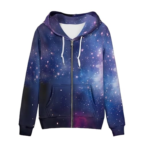 Image of Womens Zip Up Hoodie Oversized Drawstring Jacket Long Sleeve Lightweight Fall Sweatshirt with Pockets, Galaxy Space Purple Nebula, S