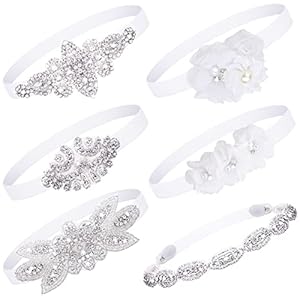 6 Pcs White Baptism Headband for Baby Girl Toddler Elastic Christening Headbands Chiffon Flower Crystal Lace Infant White Head Bands Gifts Birthday Baby Shower Party(6-12 Months)