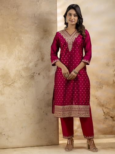 Image of VredeVogel Women's Chanderi Silk Embroidered Kurta with Pant & Organza Dupatta Set | Casual Outfit Ethnic Kurta Set for Women | Modern & Traditional Blend Ethnic Wear