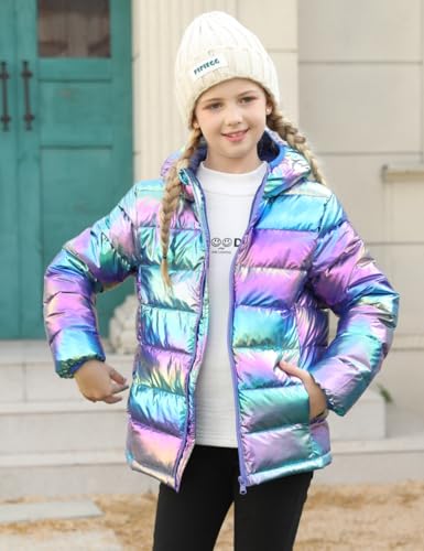 Lovekider Hooded Puffer Jacket for Girls 4-12T Packable Down-Alternative Warm Coat Shiny Outerwear for Kids Winter2