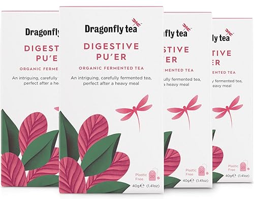 Dragonfly Tea Digestive Pu'er Teabags, (4 x 20/80 Tea Bags) Organic Fermented Pu’er Tea Blend for Gut Health Support, Good Dragon, Individually Wrapped