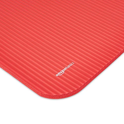 Image of AmazonBasics 13mm Extra Thick Yoga and Exercise Mat with Carrying Strap, Red & 32-Pound Dumbbell Set of 6 Dumbbells with Stand, Neoprene, Multicolour