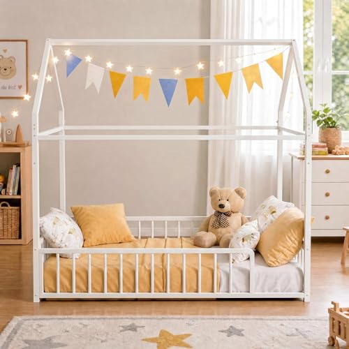 IRONCK Bett mit Rausfallschutz Hausbett 90x200 Bettgestell Metallbett 90x200 cm für das Schlafzimmer Weiß