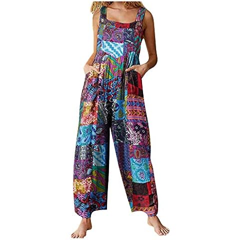 Sommer Damen Blumendrucke Träger Casual Lose Ärmellos Weites Bein Strapse Jumpsuit Baumwolle Leinen Baggy Overalls Gr. 40 Cover