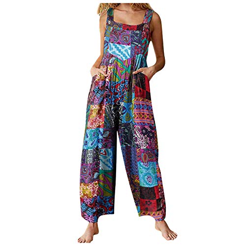 Burkashear petos de verano Primavera vintage para mujer petos cintura alta pierna ancha estampado multicolor pelele étnico con tirantes mono entero bohemio tallas grandes ( turquesa ,4XL )