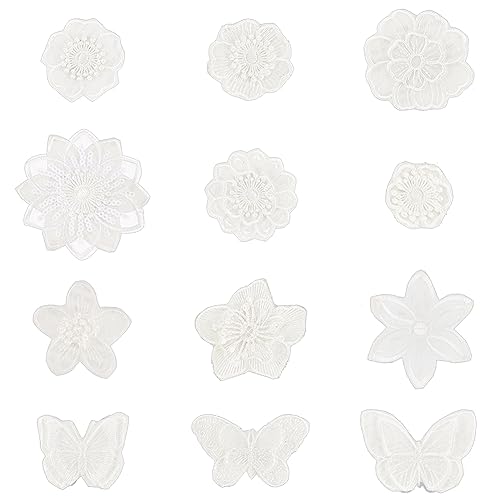 FINGERINSPIRE 12 Parches de Bordado de Encaje Blanco autoadhesivos, con Forma de Mariposa, Apliques de Flores de Organza, Parches para Coser en Apliques, Accesorios de Disfraz para Reparar y Decorar ⭐