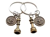 Bronze Small Chess Piece Charm Keychains with Crown Disc Charms, King and Queen Set - Couples Keychain Set