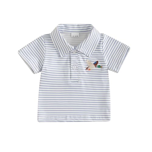 Image of Toddler Baby Boys Girls Polo Shirt Mallard Duck Embroidery Striped Short Sleeve Lapel Button Down Shirts Tops Summer