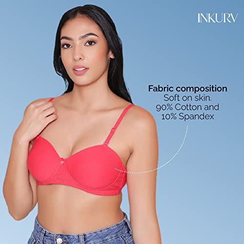 Image of INKURV Cotton Rich Padded T-Shirt Bra for Women, Seamless, Non-Wired with Detachable Straps, Sweet Heart Neckline, Everyday Bra 3 /4th Coverage with no spillage- ROMI Combo of 2