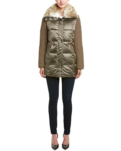 French Connection Women's Mixed Media Down Coat with Faux Fur Collar, Taupe, L