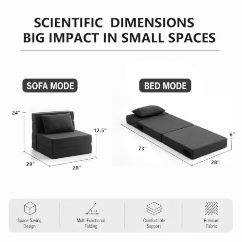 Image of Folding Sofa Bed | Convertible Sleeper Chair Bed for Adults, Fold Out Chair to Bed Linen Futon Chair with Pillow, for Home Dorm Apartment RV Living Room, Single Size Dark Gray