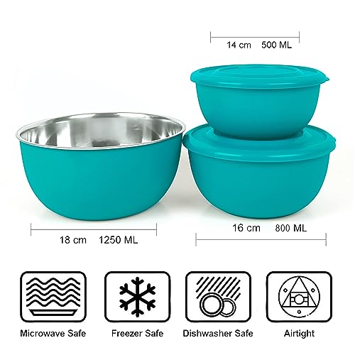 Image of Zaib Stainless Steel Microwave Safe Mixing Bowl Set of 6 with Lids (2 x 3) | 500ml, 800ml & 1250ml Storage Bowls (Classic Turquoise & Sand Brown)