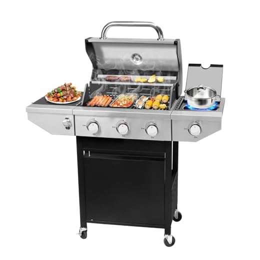 Unovivy 3-Burner Propane Gas BBQ Grill with Side Burner & Porcelain-Enameled Cast Iron Grates Built-in Thermometer, 37,000 BTU Outdoor Cooking, Patio, Garden Barbecue Grill, Black and Silver