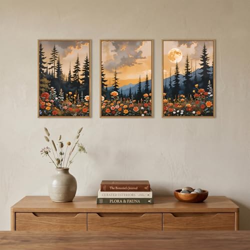 Image of KAIRNE Mountain Wildflower Landscape Framed Canvas Wall Art Set,Vintage Moon Pine Tree Wall Decor,Rustic Forest Art Prints,Retro Scenery Artwork for Living Room,Bedroom,Farmhouse,Office-16 x24 x3