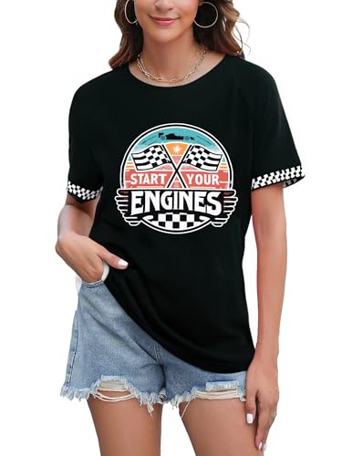 Racing Shirt Women Vintage Checkered Flag Racing Shirts Start Your Engines Tshirt Raceday Casual Short Sleeve Tops3