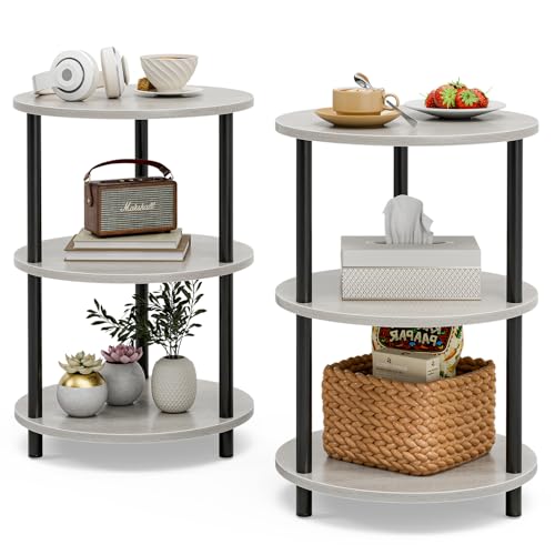 XBurmo Small Round End Table - 3 Tier Design Accent Table, Narrow Side or Bedside Stand, Industrial Vintage Nightstand for Bedroom, Living Room, or Small Spaces, Set of 2, Greige
