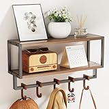Orapoke Wall Shelf with Hooks, 2 Tier Coat Rack Wall Mount with Shelf for Entryway Farmhouse Living Room, 5 Wooden Decorative Wall Hooks for Hanging Coat Jackets Hats Towel Key (16.5')