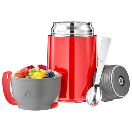 Noxtioanip Termo para Comida 650 ml, Recipiente Térmico para Comida, Frasco Acero Inoxidable Contenedor Térmico con Cuchara Plegable, Aislada para Alimentos, Sin BPA, para Sopa, Pasta(Rojo)
