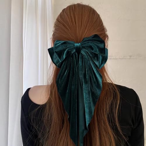 Green Velvet Large Hair Bow Long Tail Bowknot Hair...