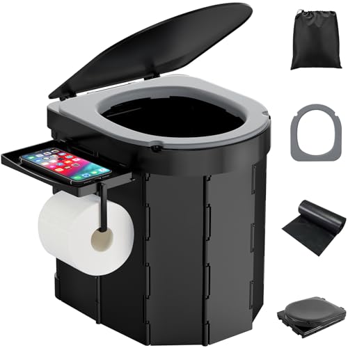 WADEO Inodoro de Camping portátil con Tapa y cómodo cojín de Asiento, 27L Inodoro Plegable con Bolsa de Aseo y Rollo de Papel y Soporte para...