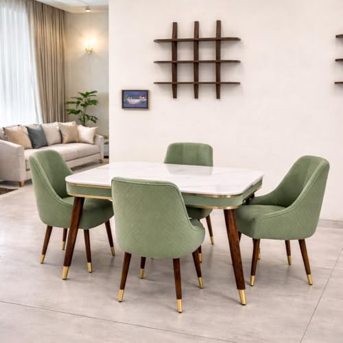 Image of WOODEN SPACE Wooden Dining Table with Nano Composite Marble Top & Solid Wood Base (Vento Beige, 4 Seater, Modern Vento)