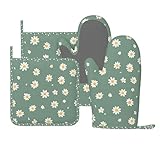 Juego de 4 manoplas de horno y soportes para ollas, diseño de margaritas, color verde, de silicona, guantes largos resistentes al calor, agarre antideslizante para cocinar, hornear, asar a la parrilla