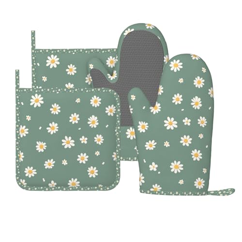 Juego de 4 manoplas de horno y soportes para ollas, diseño de margaritas, color verde, de silicona, guantes largos resistentes al calor, agarre antideslizante para cocinar, hornear, asar a la parrilla