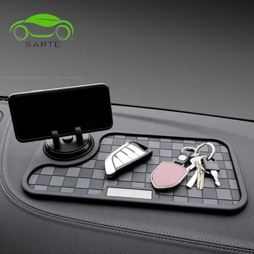 SARTE Car Dashboard Mat Anti-Slip Rubber Pad with Phone Holder Universal Non Slip Car Dashboard Sticky Adhesive Mat for Phones Sunglasses Keys(Black/Grey) Chess Design (Black/Grey) 2