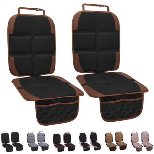 Image of Car Seat Protector for Child, 2 Pack With Mesh Pockets & Non-Slip Backing 600D Durable Under Baby Seat Cover for Back Seat (Dark Brown, Standard)