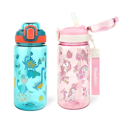 wooshwa Botella para Beber Campus Pop-up, 600ml Deportiva Botella Agua Niños con Pajita, Sin BPA y Apta para Lavavajillas (Dinosuar Verde y Unicornio Rosa Niña)