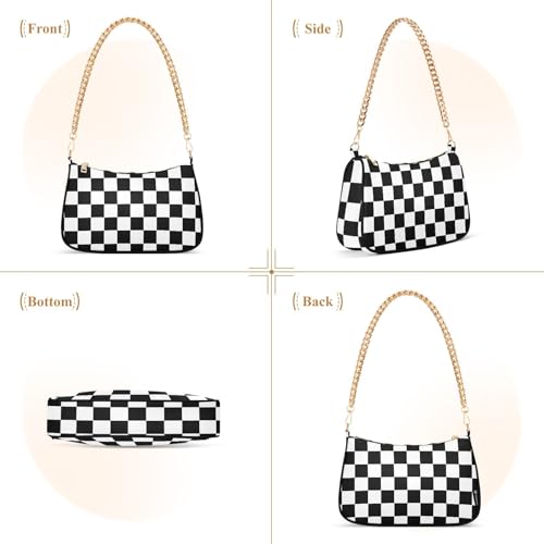 Clutch Tote Handbags with Removable Chains and Zipper Closure White and Black Checked Shoulder Purse Hobo Handbag for Women2