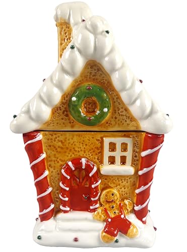 Hannas Handiworks Gingerbread House Candy Cookie Jar - Merry Decor for Kitchen Storage and Decoration for Holiday Parties and Everyday Use - Perfect for Home Office, Dorm, and School
