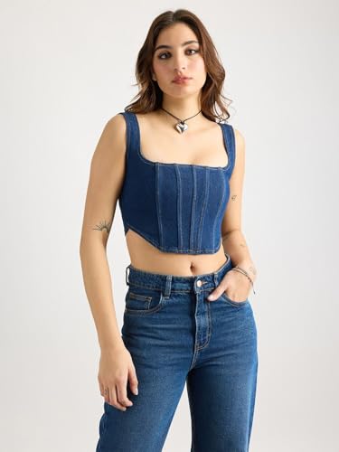 Image of Shasmi Girl's and Women's Blue Denim Crop Top, Square Neck, Sleeveless Corset Style Women Western Cotton Denim Bustier Vest Crop Top | Bralette Blouse | Sleeveless (Denim Top 158)