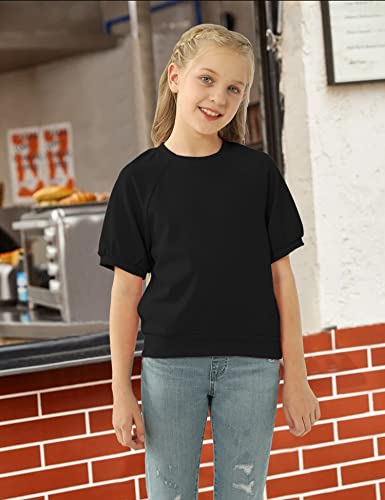 Image of Kids Girls Cute T-Shirt Short Puff Sleeve Basic Solid Casual Loose Pullover Ribbed Cuffs Hem Tees