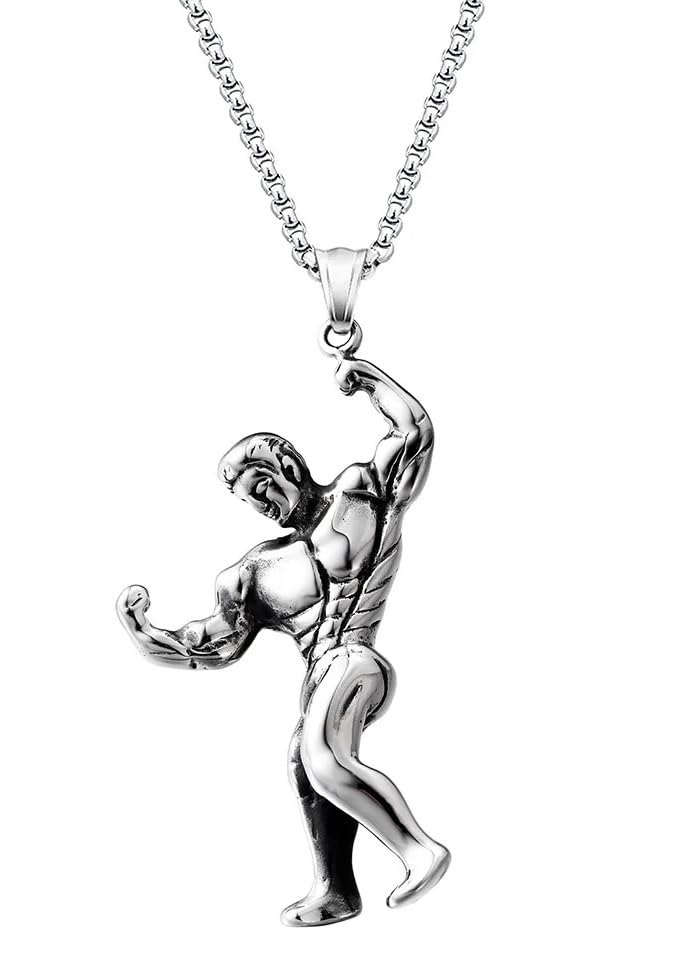 bigwheels Unisex Silver Plated Stainless Steel Fancy & Stylish Weightlifting Men Figure Musculine Body Fitness Gym Bodybuilder Hercules Charm Locket Pendant Necklace With Box Chain-picture-15