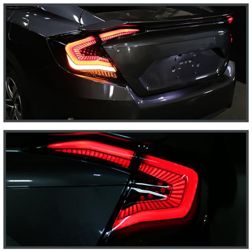Image of SPEC-D TUNING Glossy Black Smoke Tail Lights w /Red LED Strips, Sequential LED Turn Signal, and Startup Animation Compatible with 2016-2021 Honda Civic 4-Door Sedan, Left + Right Pair Assembly