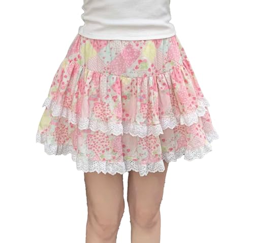 Cute Ruffled Floral Skirt for Women Y2K Lace Elastic Pink Kawaii Lolita Mini Skirt High Waist A-Line Skirts